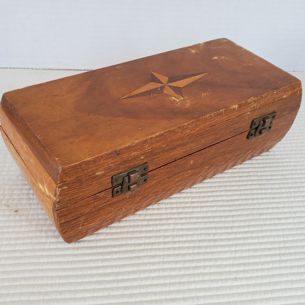 Star Inlay Wooden Box Hinged Lid 9.5" Handmade Red Velvet Lined Jewelry Trinket